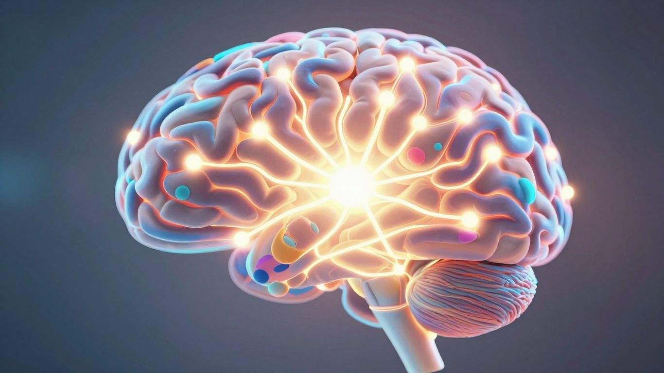 Cerveau stylisé avec des connexions lumineuses.
