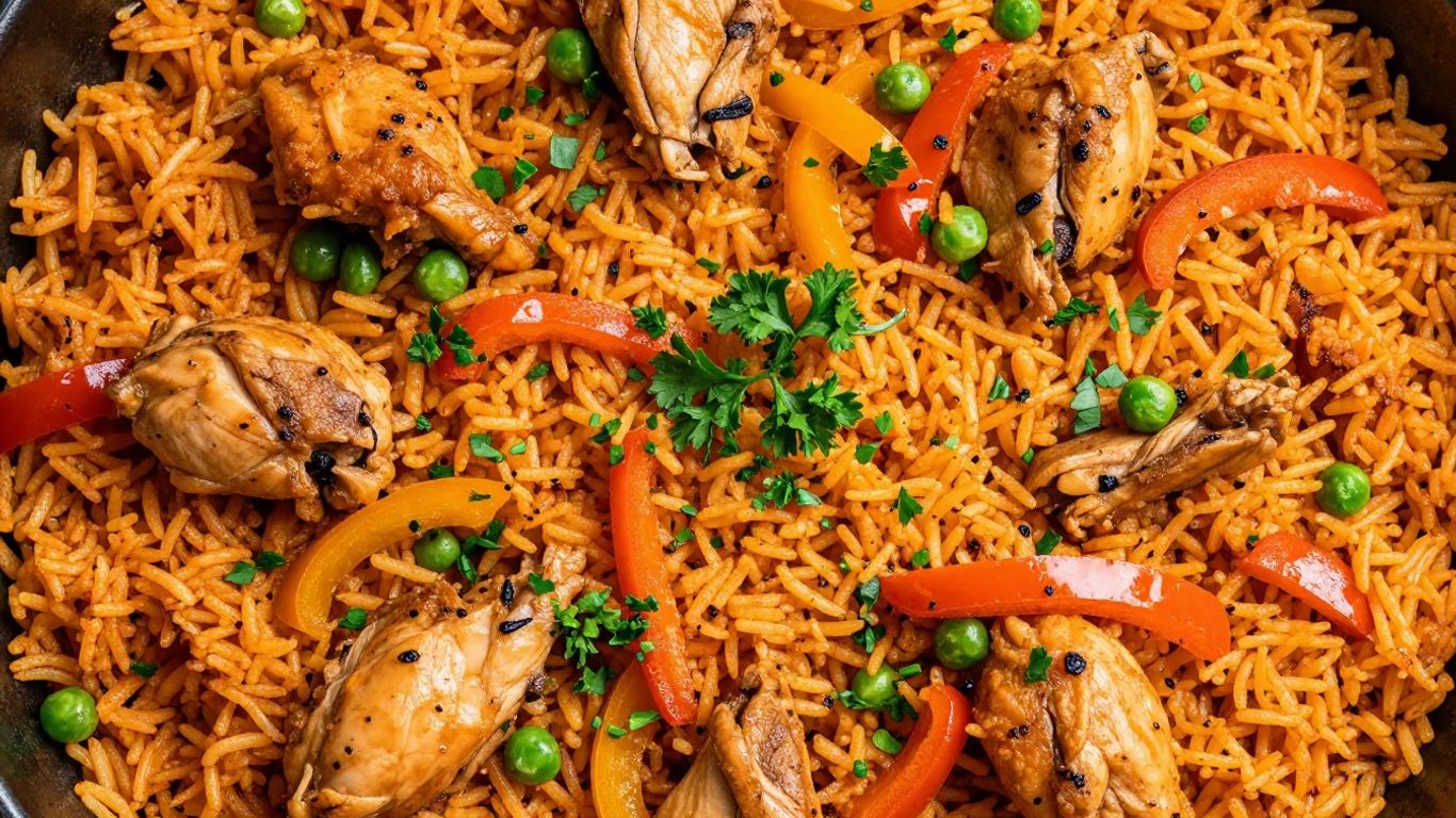 Authentic fried Spanish rice with colorful vegetables and chicken.