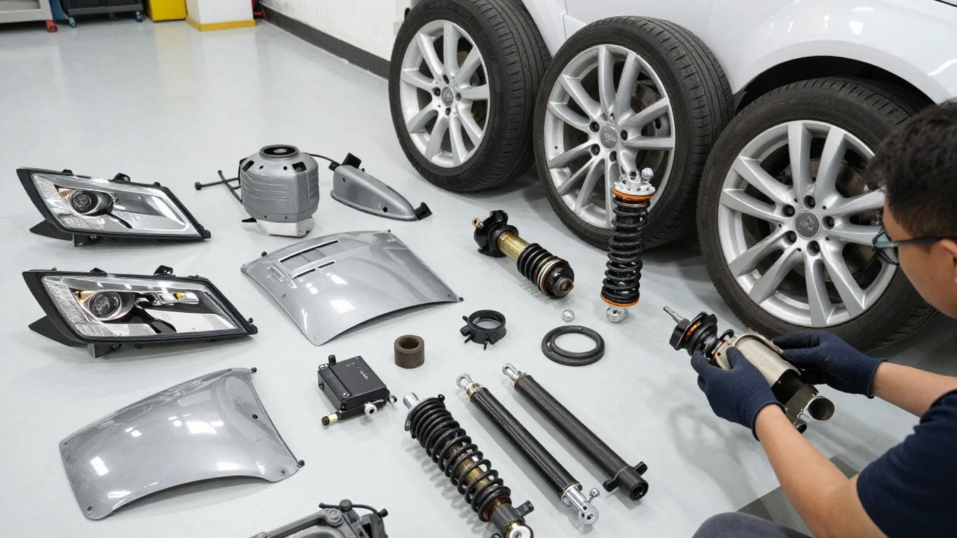 Used Audi parts organized in an auto recycler