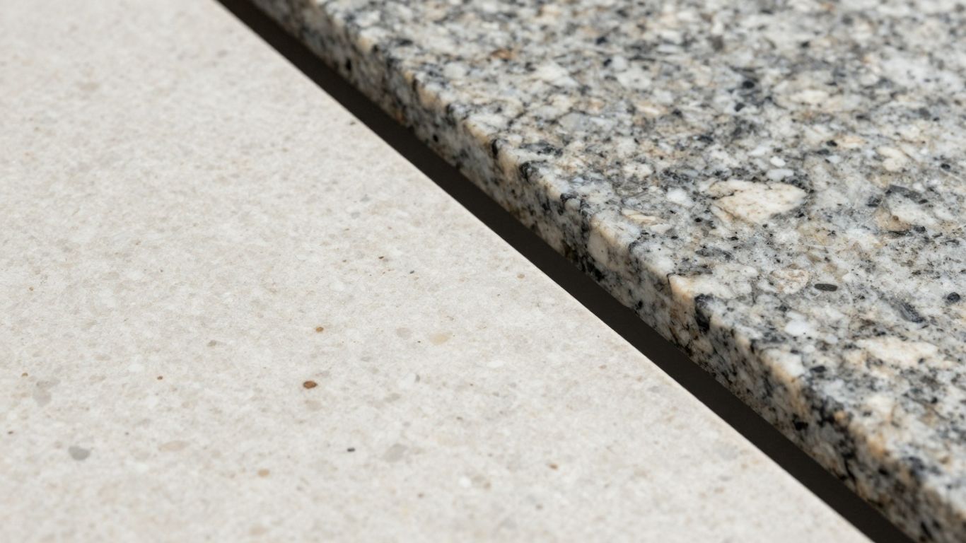 Quartz and granite kitchen countertops side-by-side comparison.