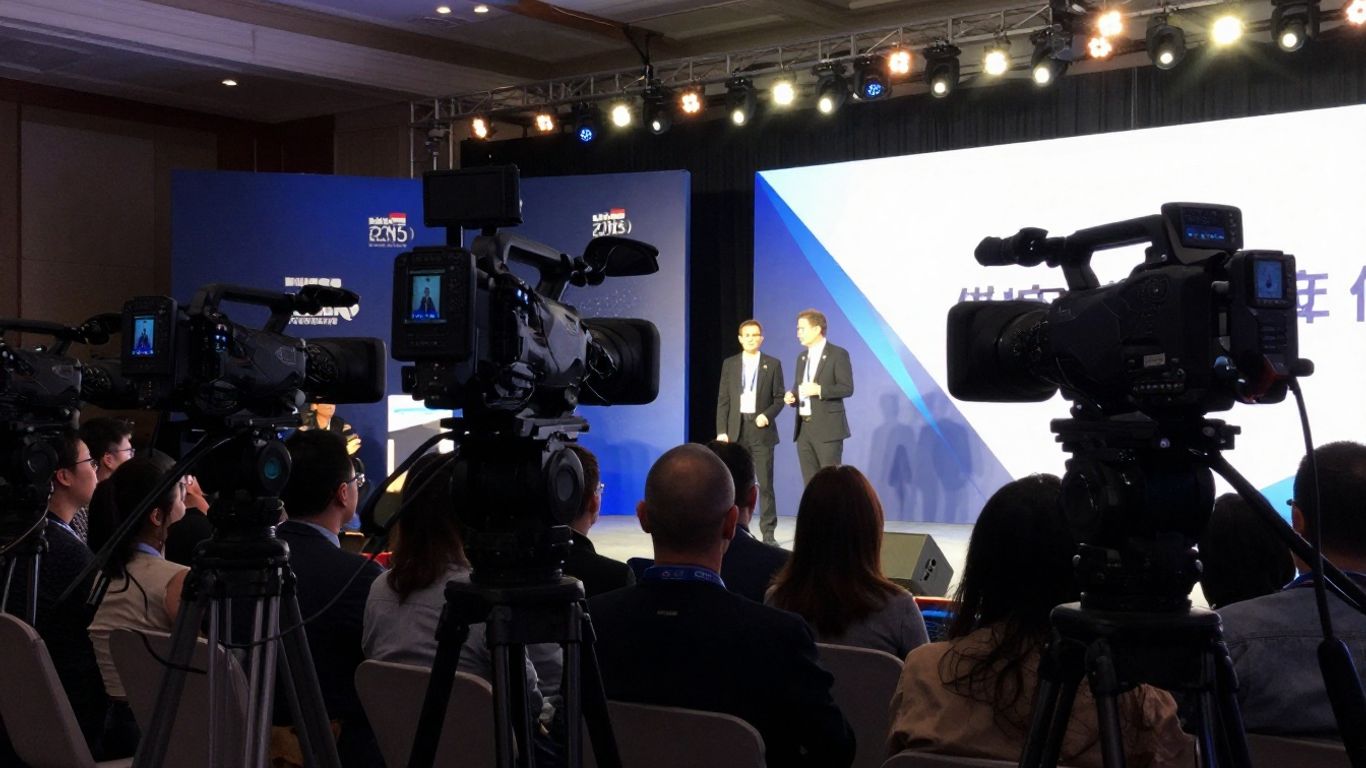 Conference event with multiple cameras filming a speaker.