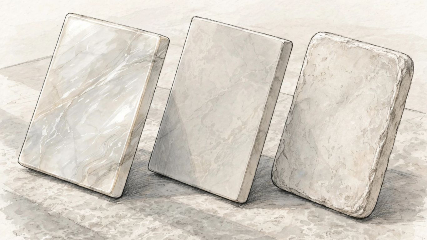 Marble tile samples in varied finishes