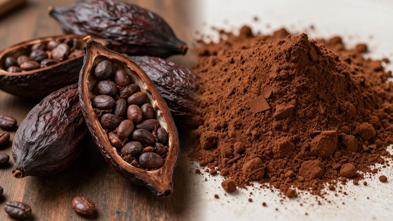 Cacao pod next to cocoa powder