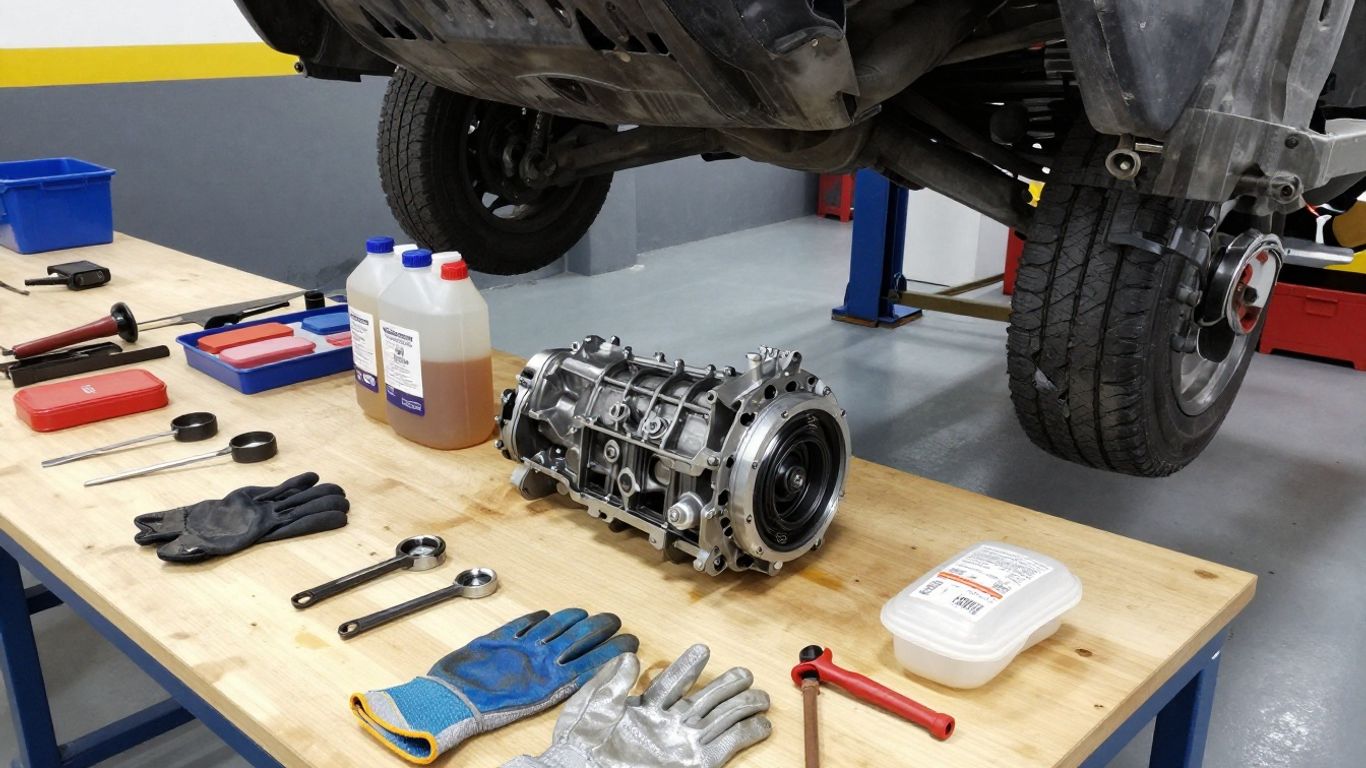 Mechanic preparing a replacement gearbox installation