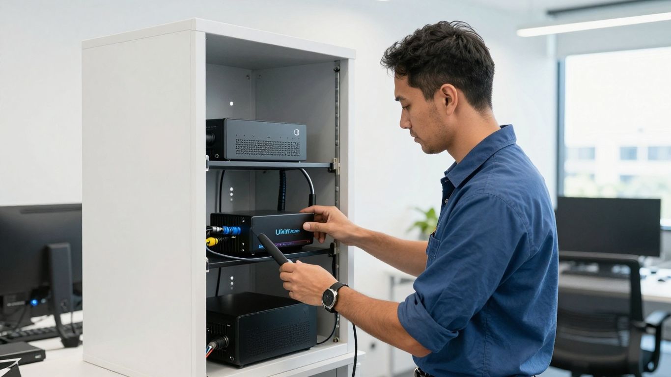 Professional UniFi network installation in an Australian office.