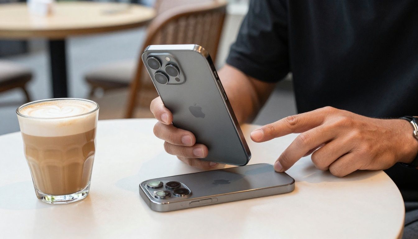 A person in a Melbourne laneway cafe carefully putting a new, sleek case on their iPhone 15 Pro Max, with a flat white on the table.