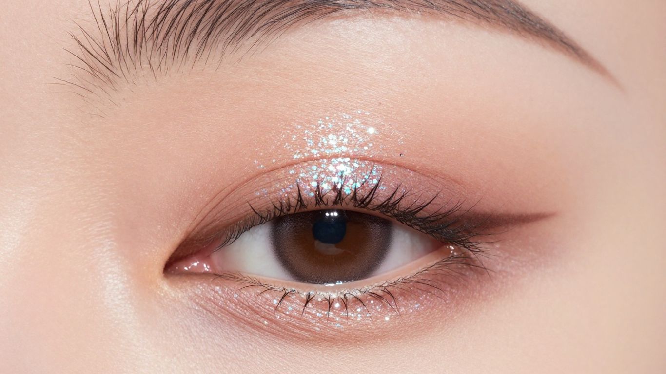 Woman's eye with perfectly applied glitter eyeshadow.