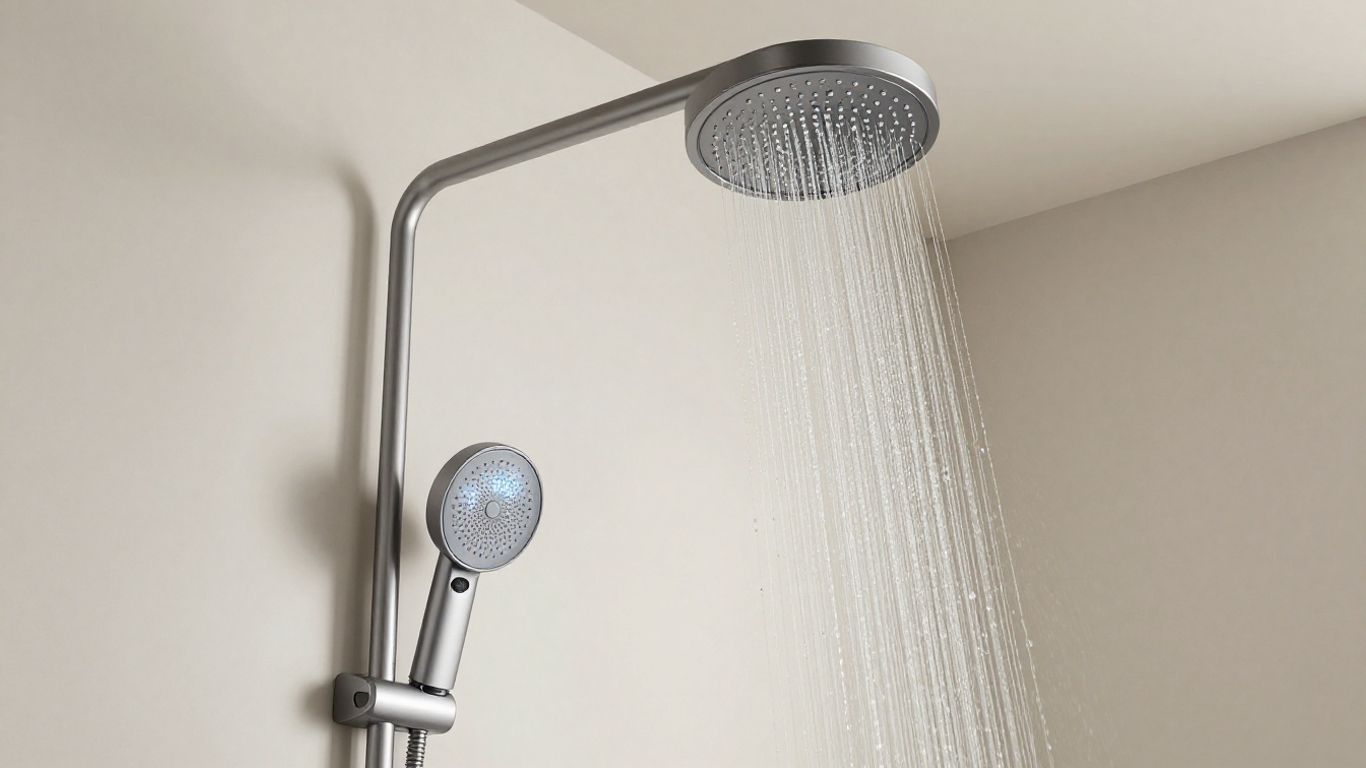 Modern digital shower control panel and rainfall showerhead.