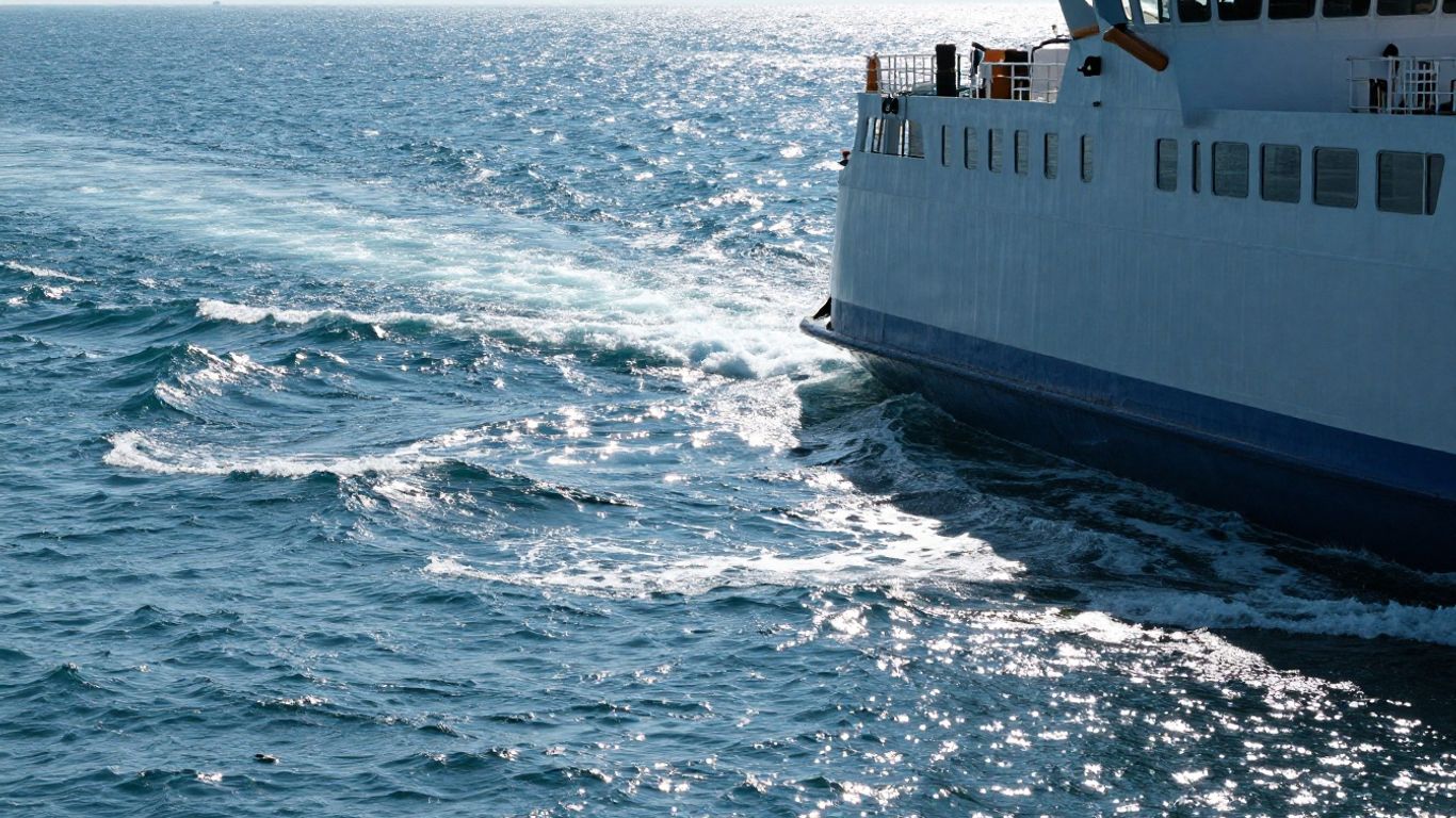 A ferry sailing across the sea, creating a white wake.