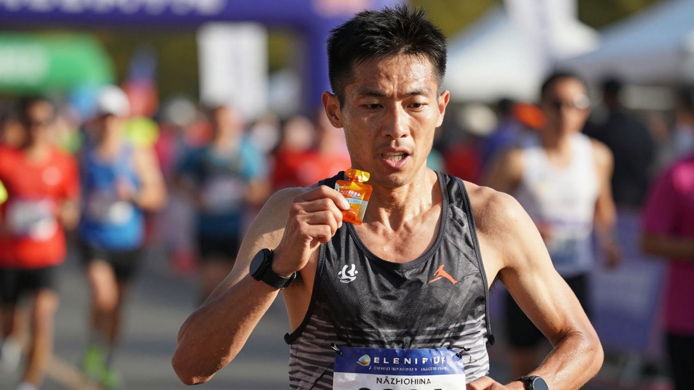Runner consuming energy gel during a half marathon race.