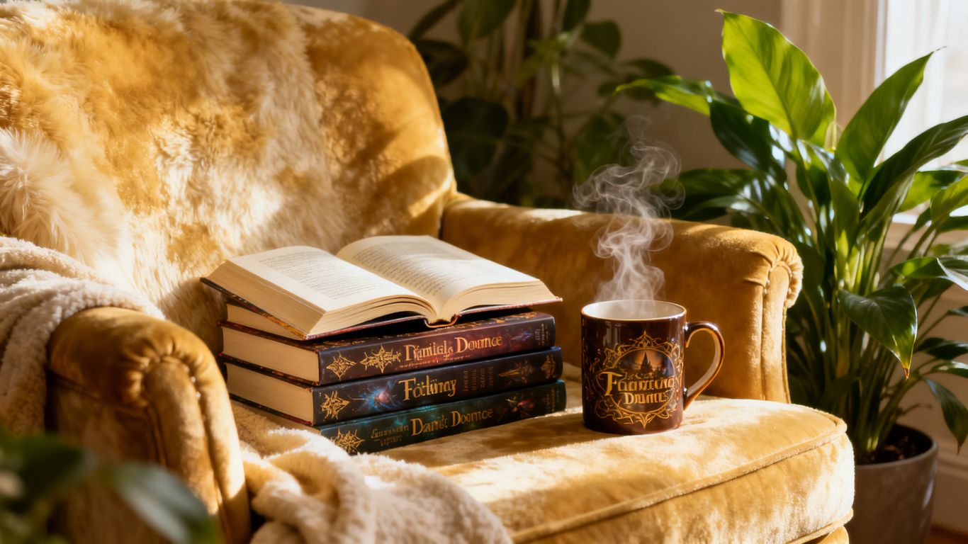 Cozy reading nook with fantasy romance books and a warm drink.