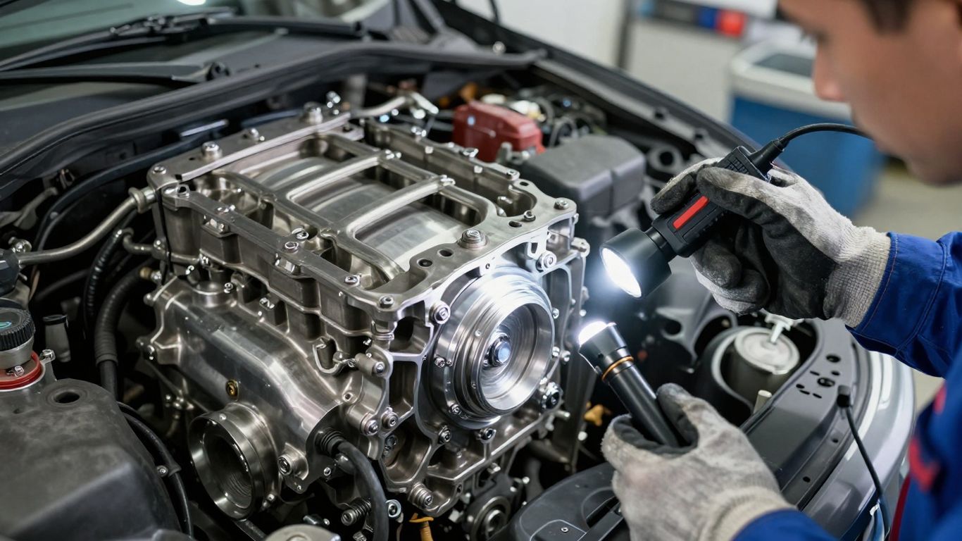 Mechanic inspects an engine block for internal wear