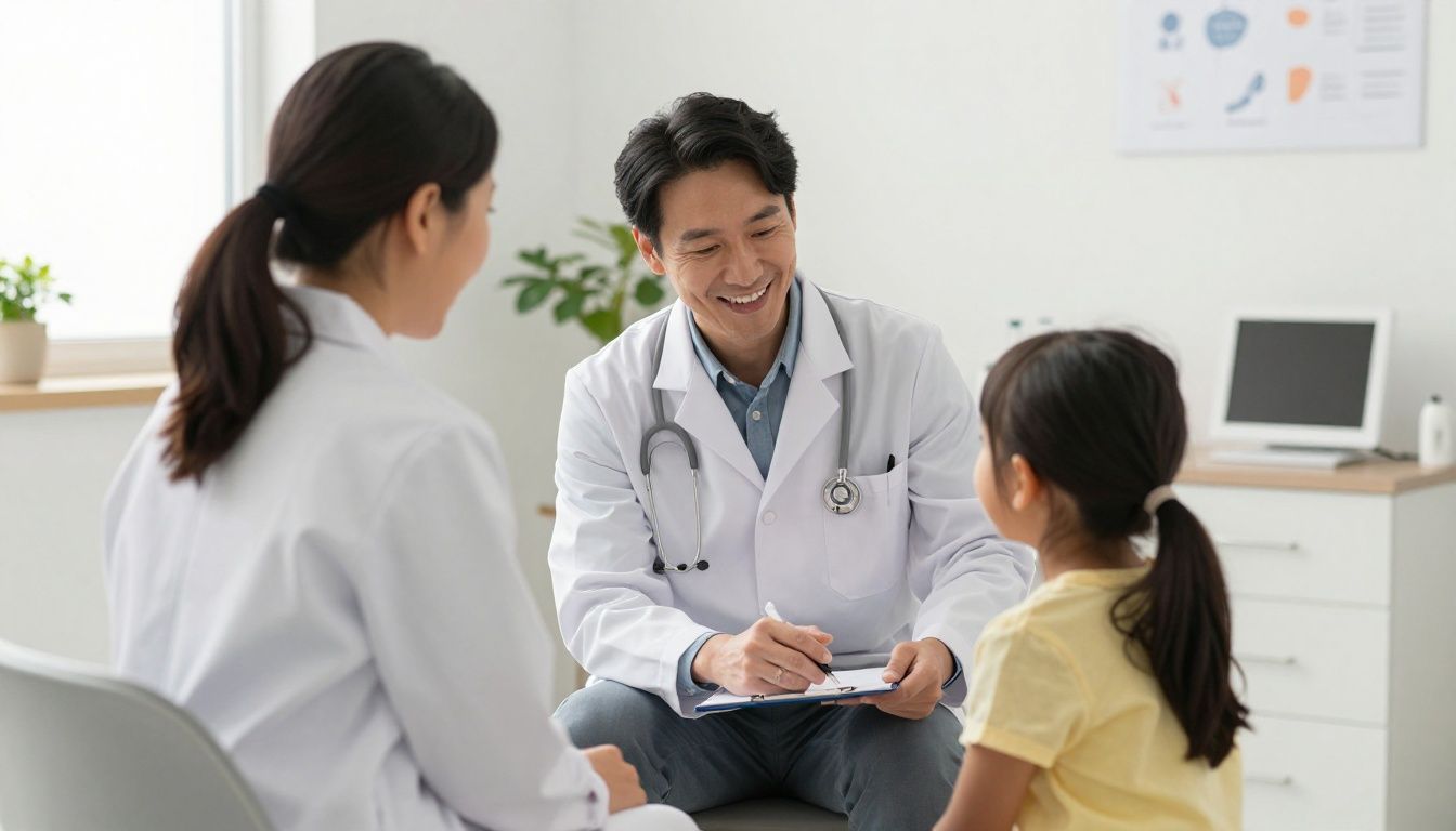 A friendly and professional pediatrician in a bright, welcoming Chicago clinic office interacting with a young child during a checkup