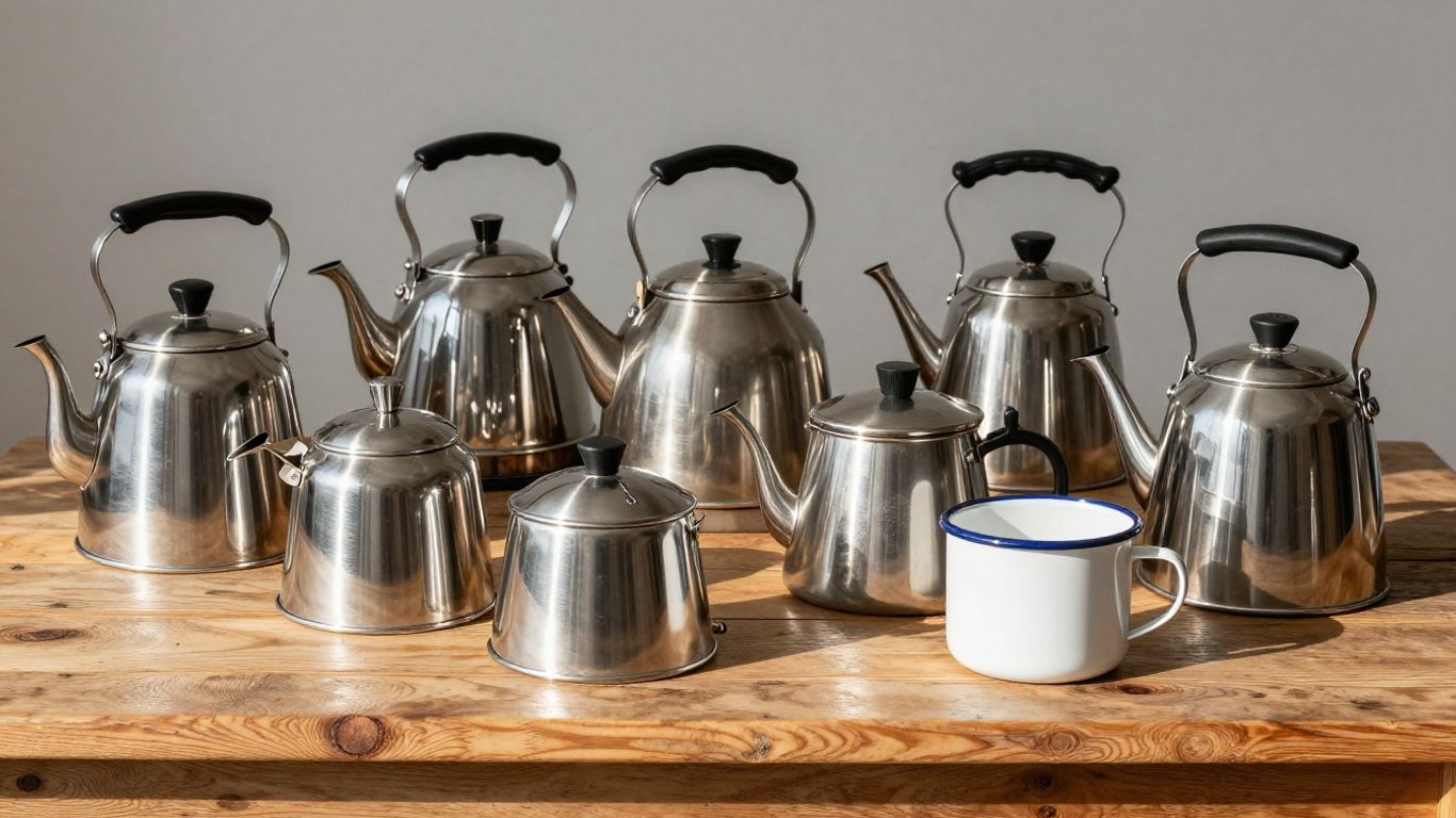 Various stove kettles on a wooden countertop.