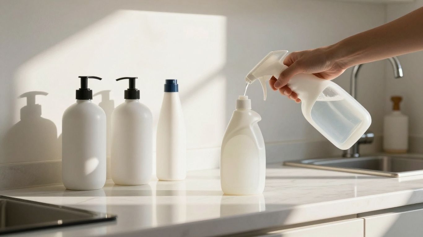 Refillable cleaning products on a kitchen counter.