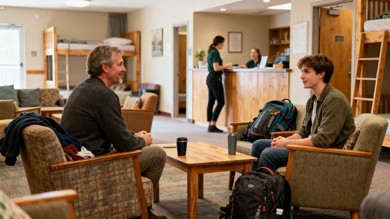 Resident and visitor speaking in hostel lounge
