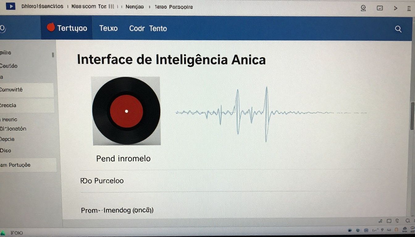 Interface de inteligência artificial convertendo uma gravação de reunião em texto, com ondas sonoras e trechos transcritos em português