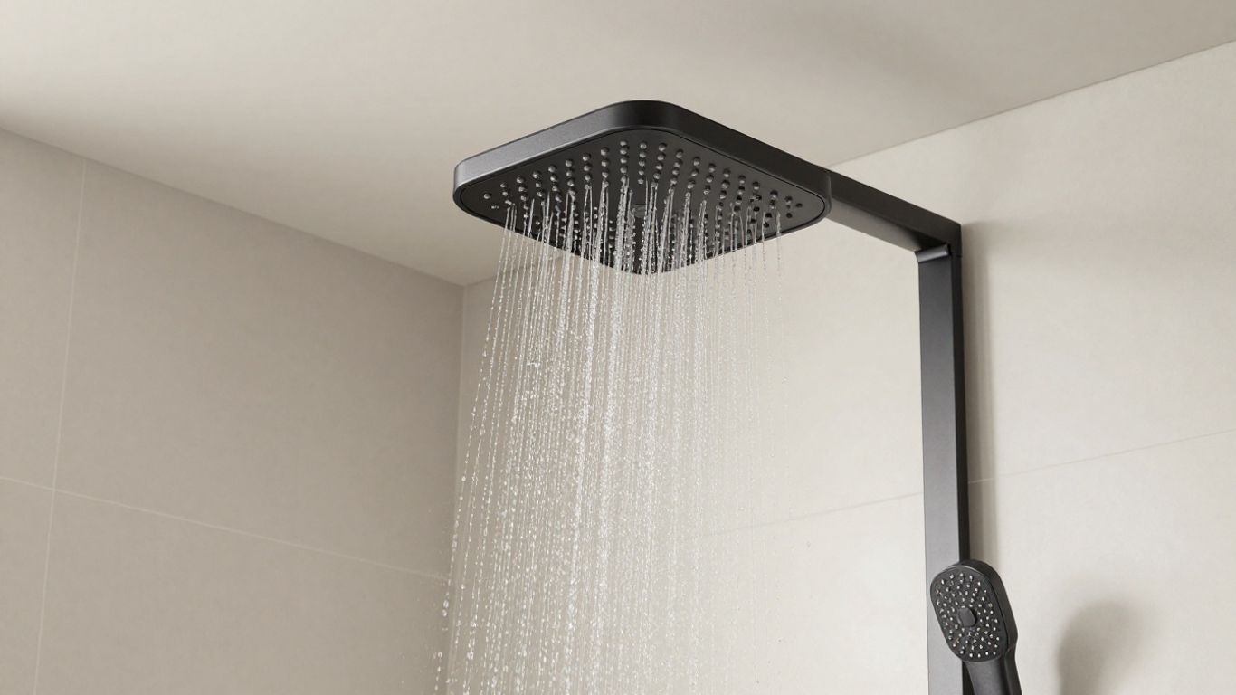 Black ceiling-mounted rain shower head with cascading water.