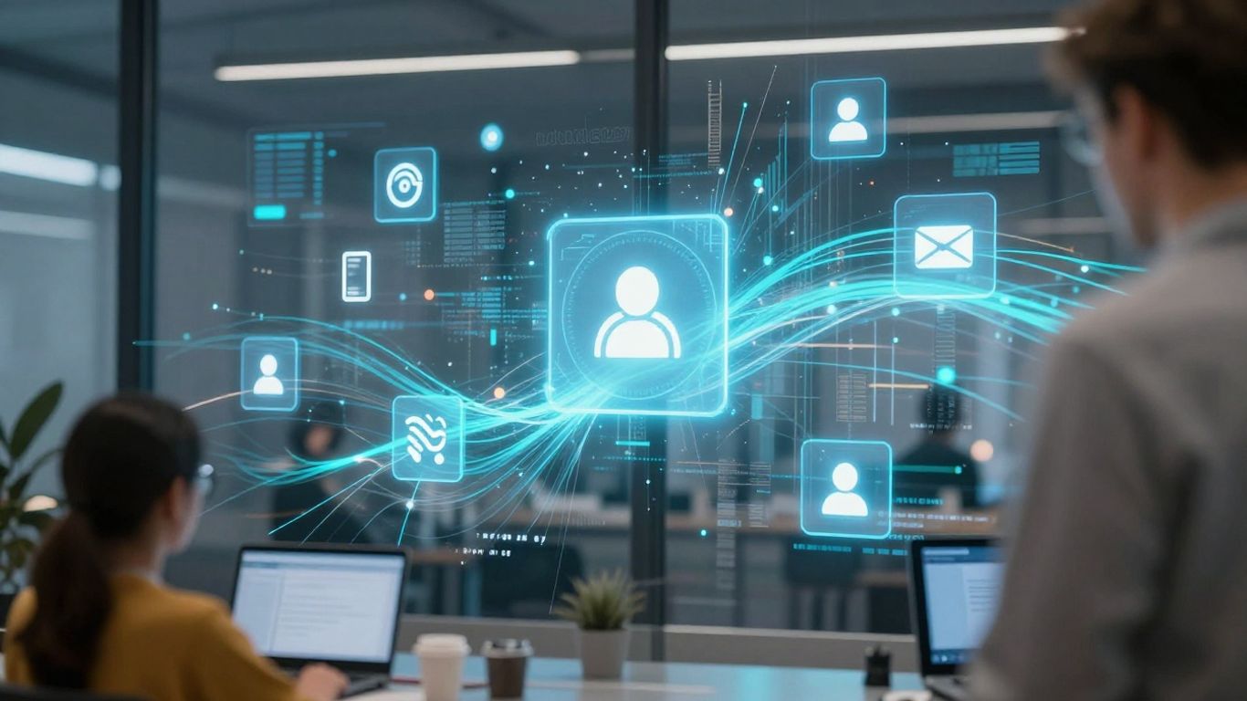Social media analytics interface with glowing icons and data streams.