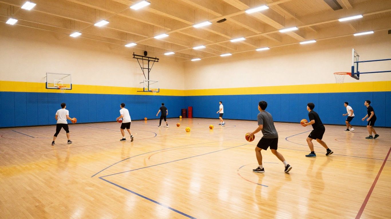 People playing indoor sports like basketball and netball.
