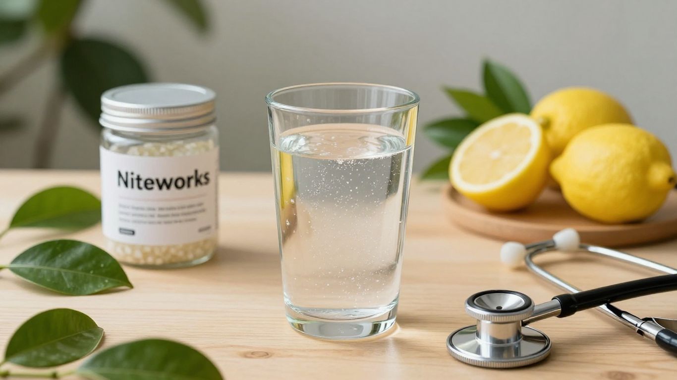 Glass of dissolving supplement beside Niteworks and stethoscope