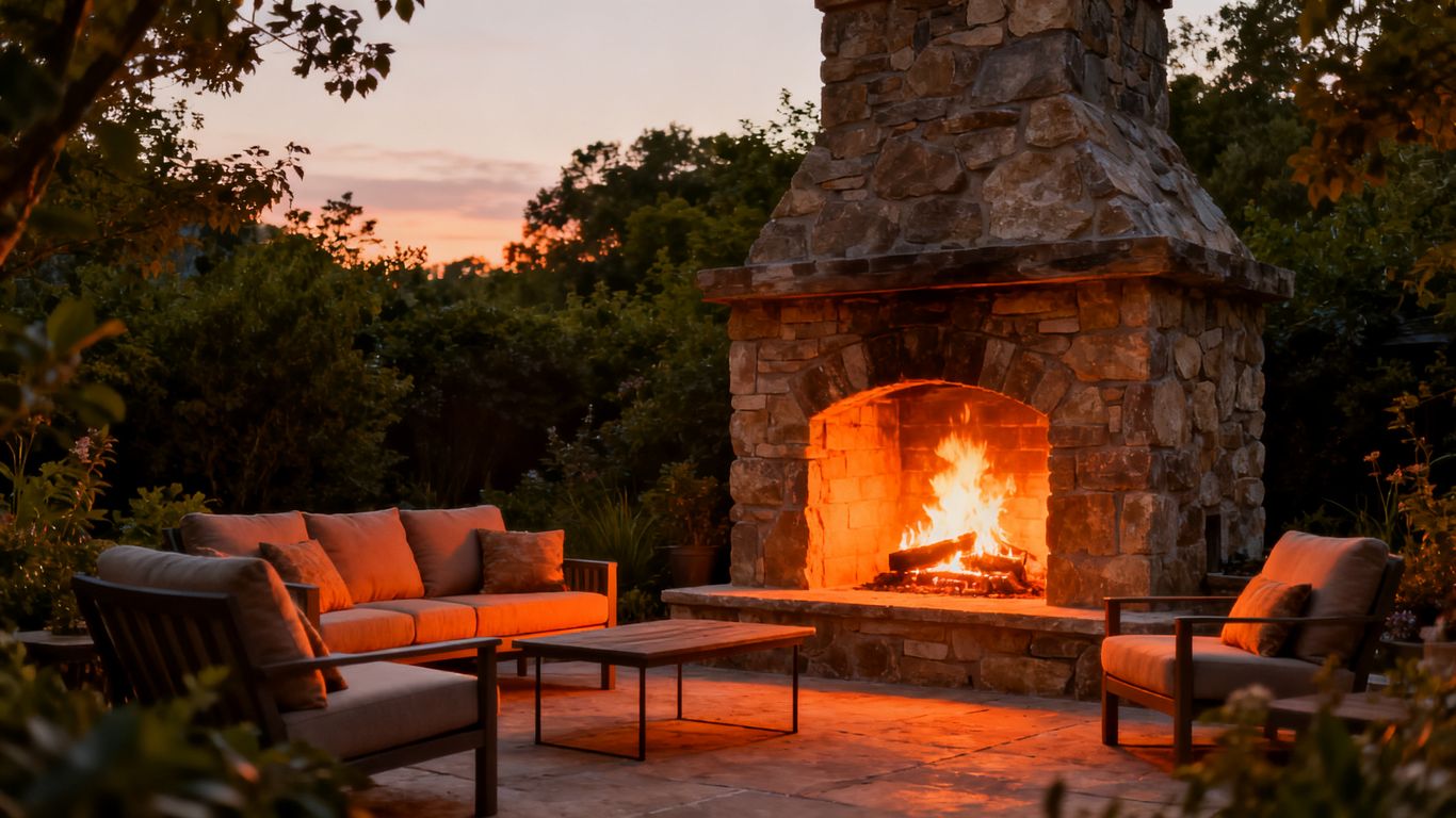 Outdoor fireplace on a patio at dusk.