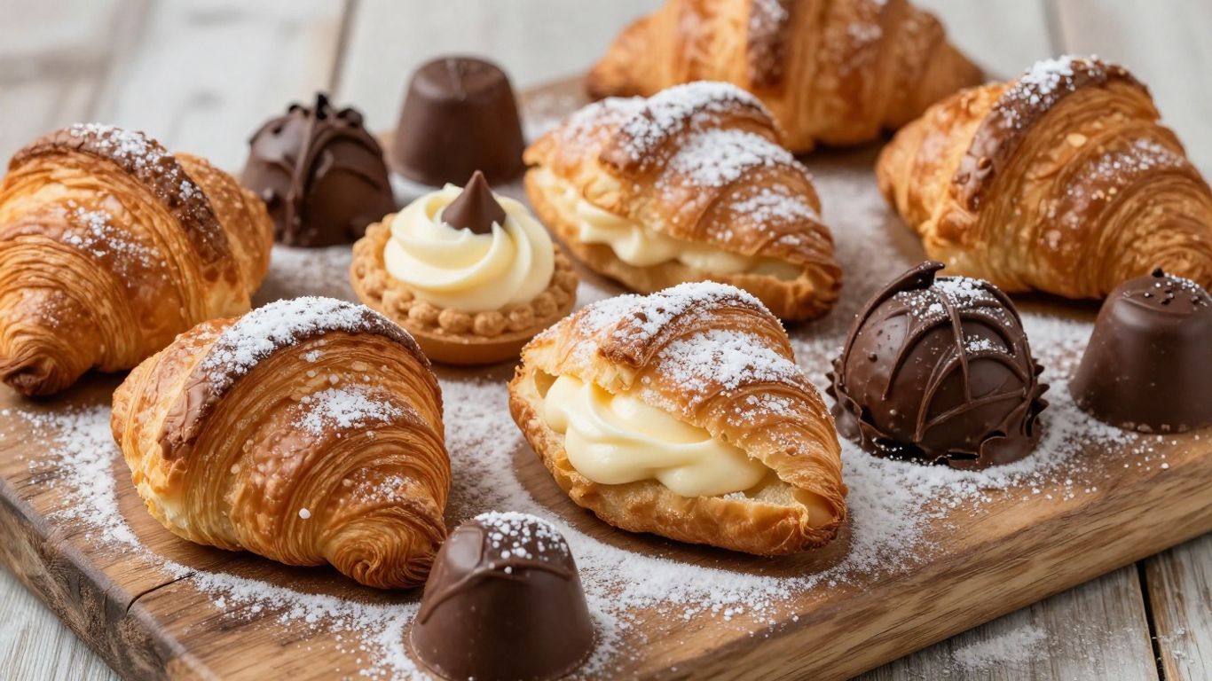 Assorted Parisian pastries and chocolates on a wooden surface.