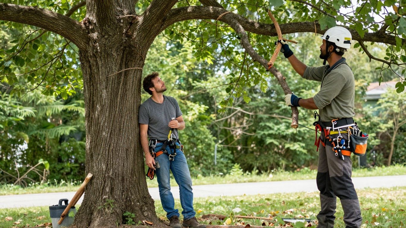 Homeowner and arborist near a large tree.