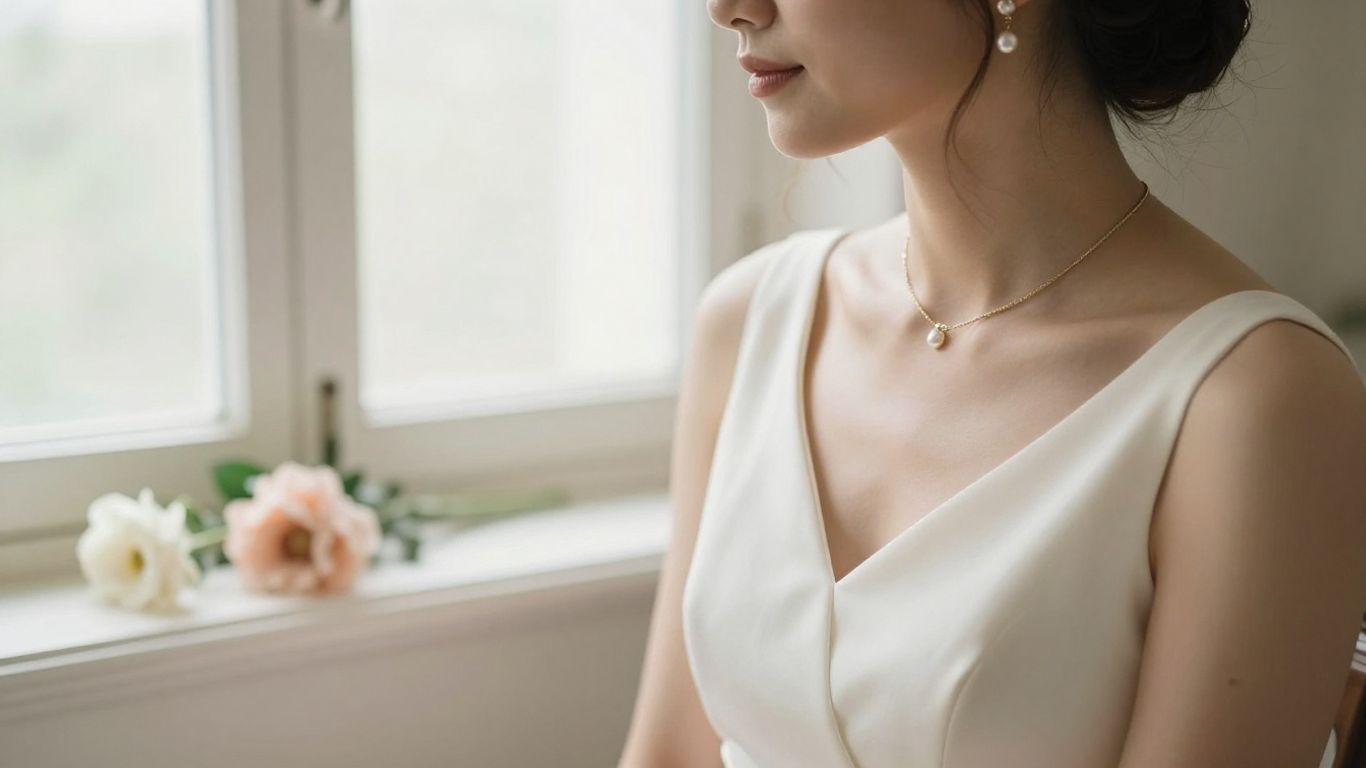 Bride wearing delicate heirloom earrings with a classic gown