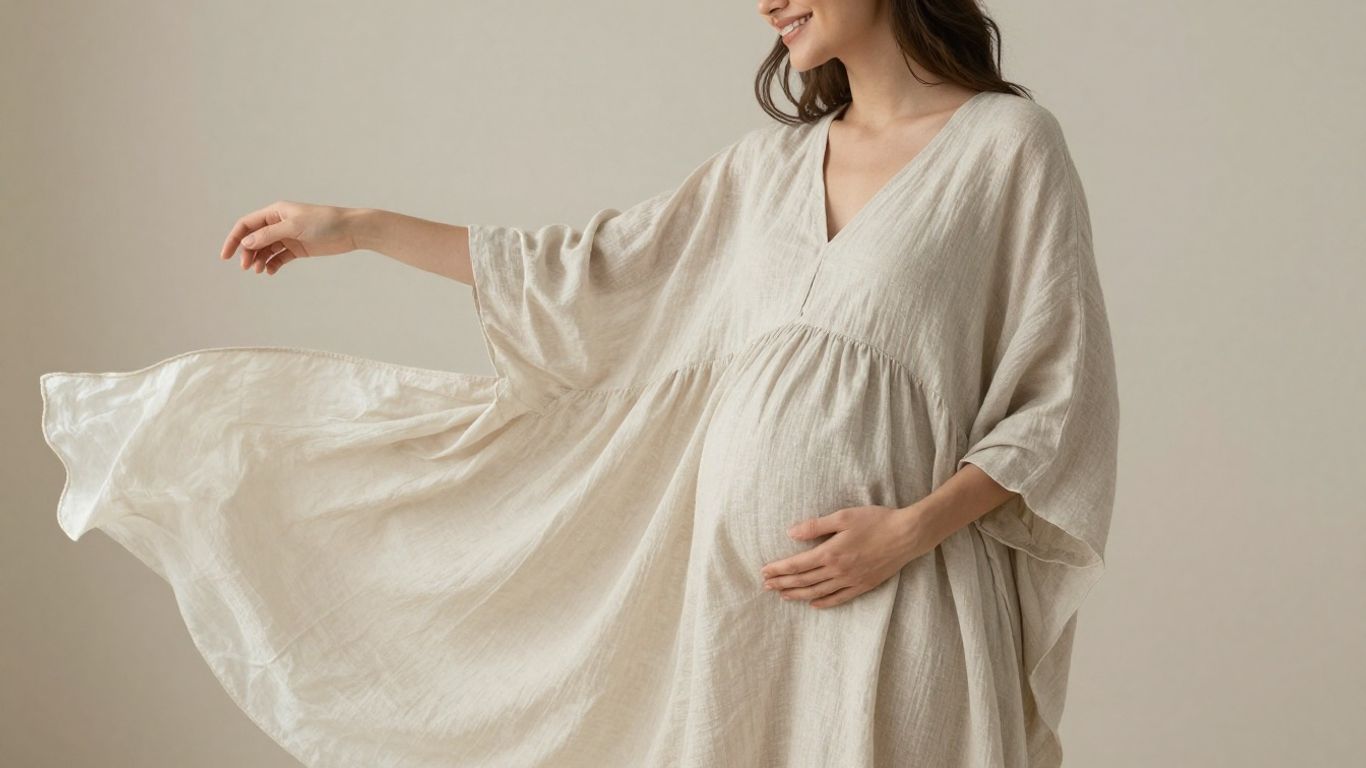 Pregnant woman in a comfortable linen kaftan.