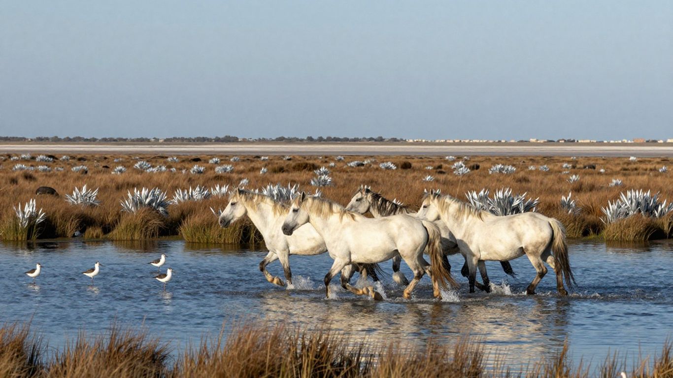 White horses and wetland birds across Camargue marshes