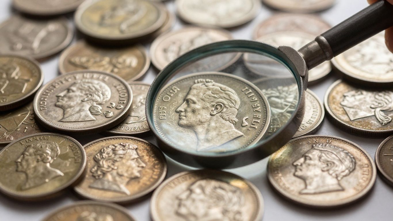 Close-up of coins with a magnifying glass.