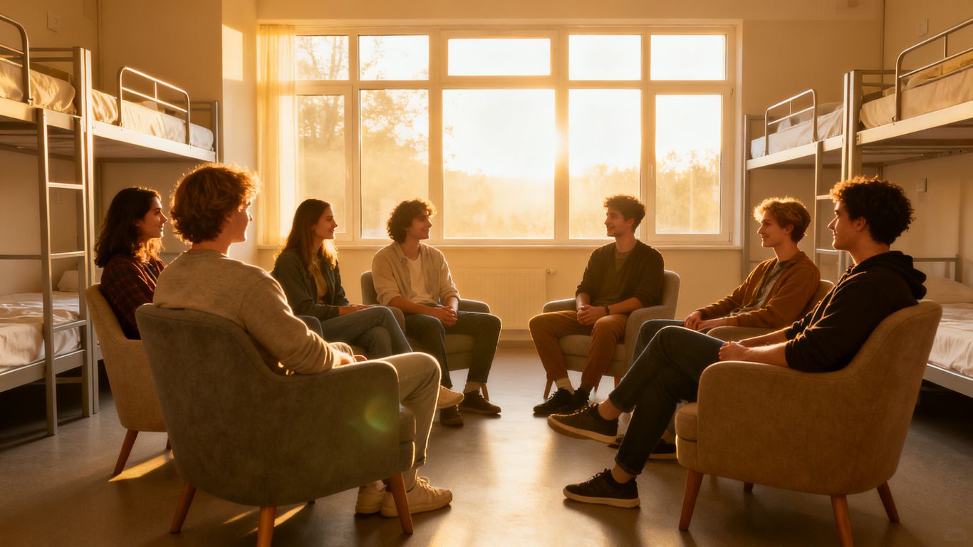 Diverse group of residents in a communal hostel space