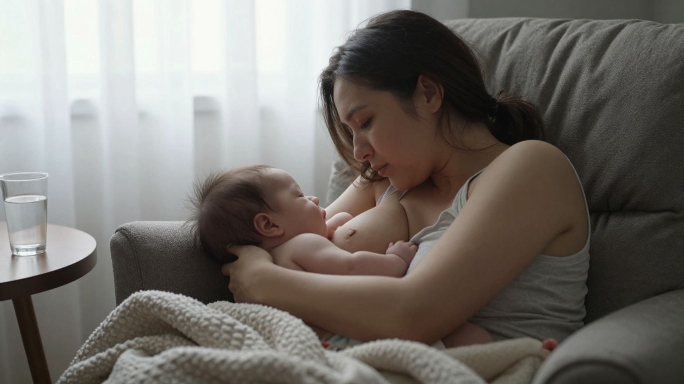 Madre amamanta a su bebé en casa