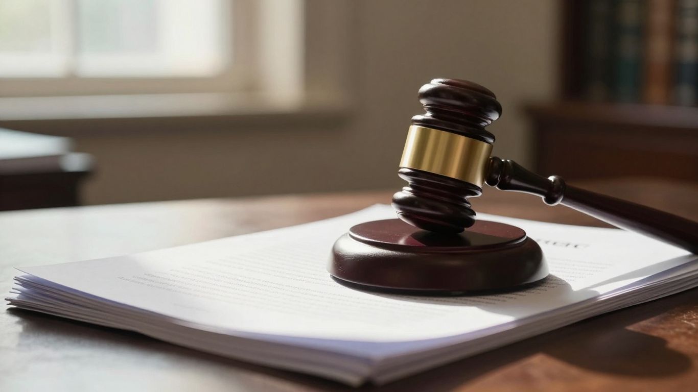 Gavel on documents, sunlight, government building