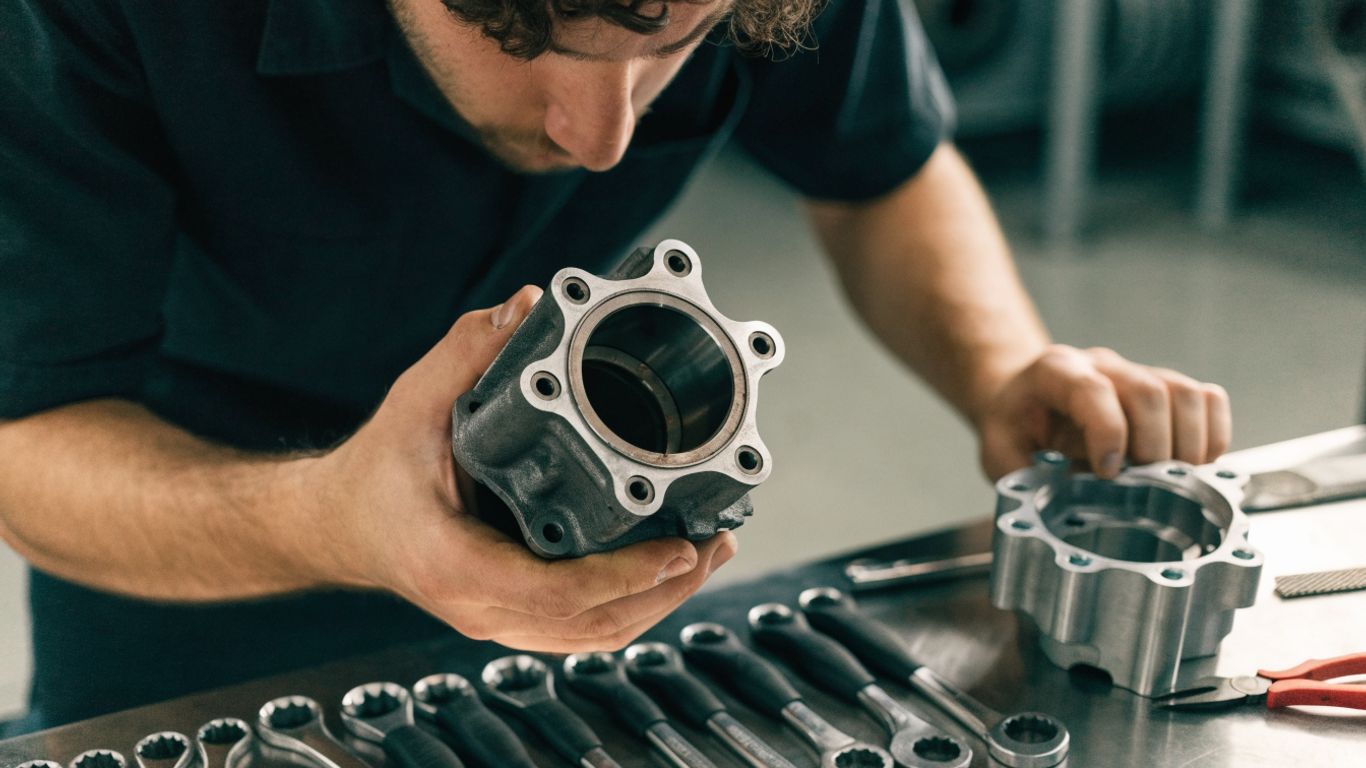 Mechanic comparing gearbox components