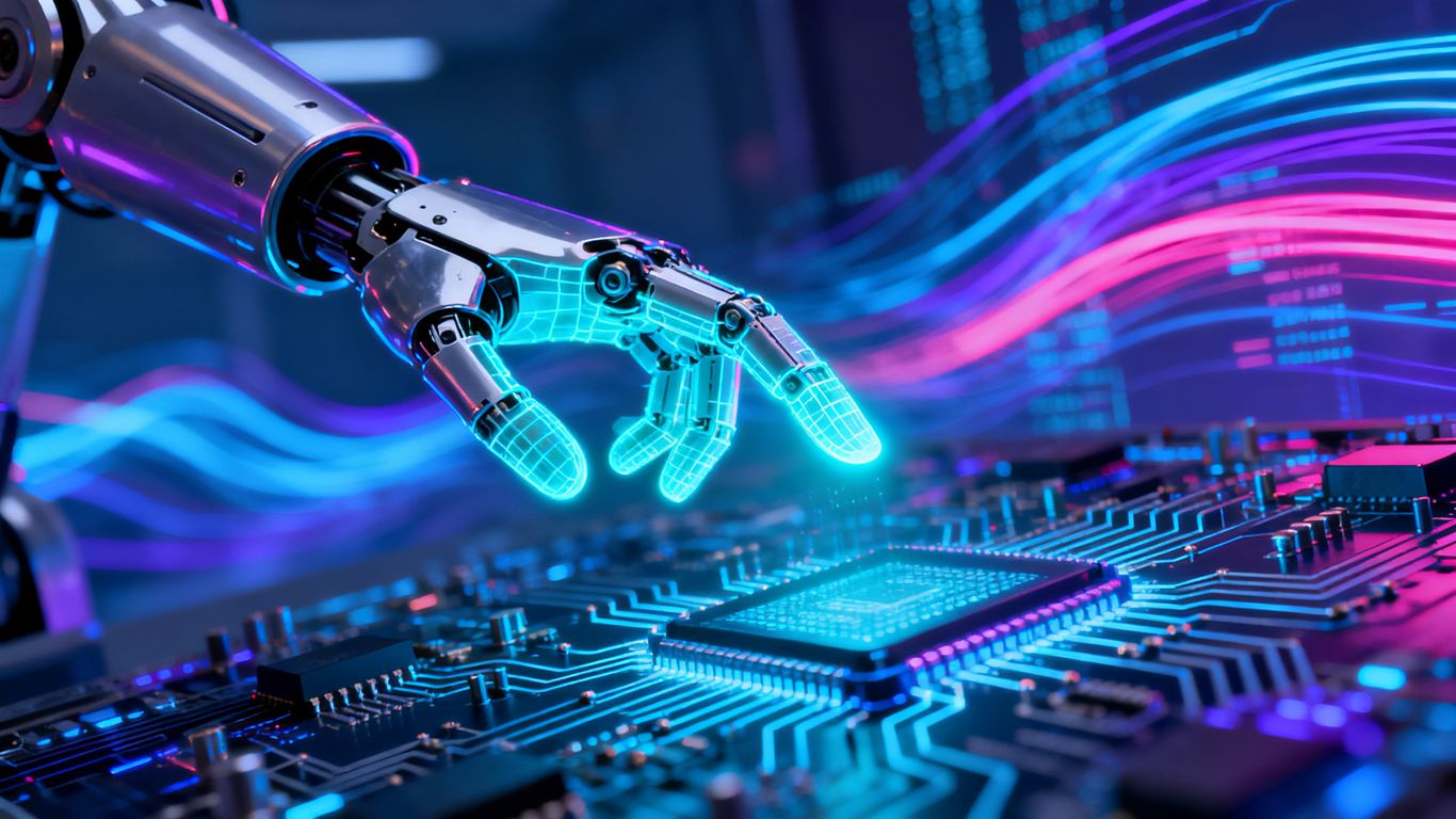 AI agent deployment with robot arm and circuits