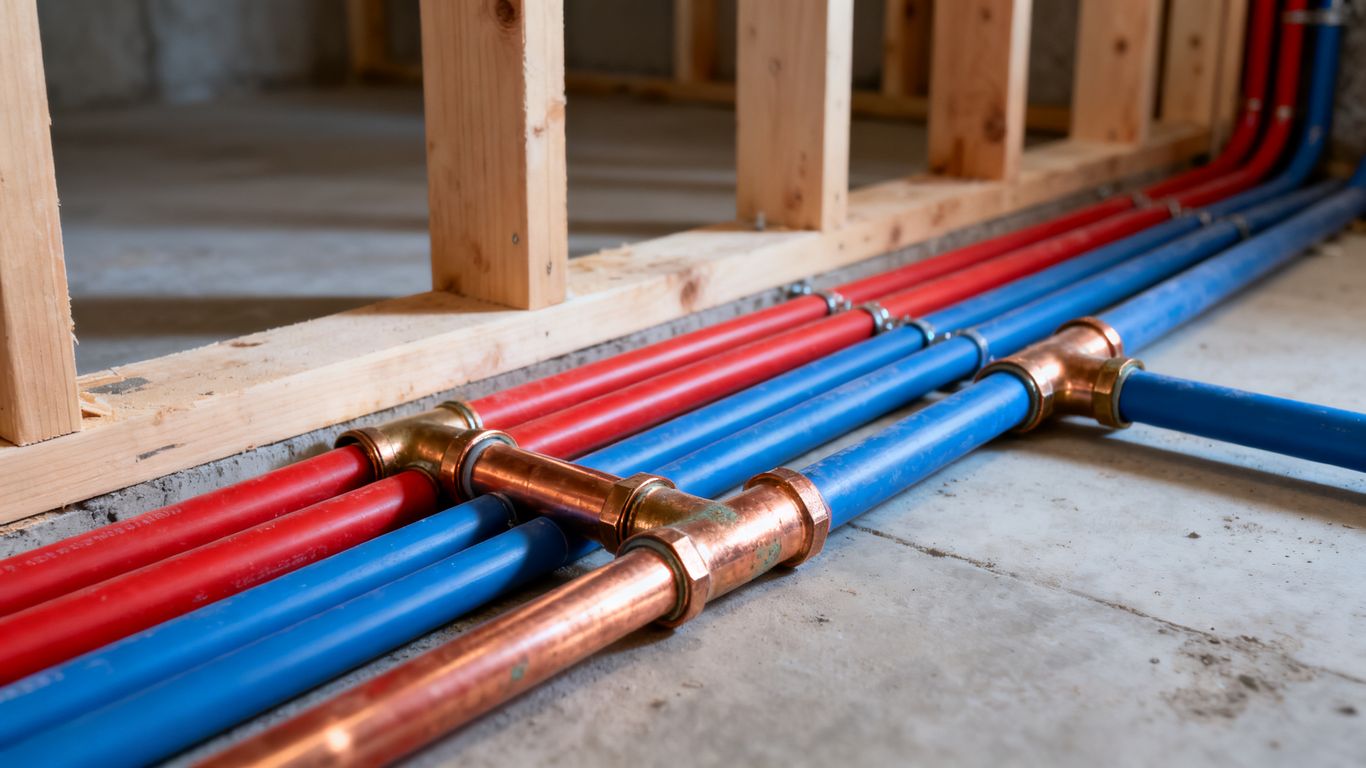 Interior view of modern residential copper and PEX piping