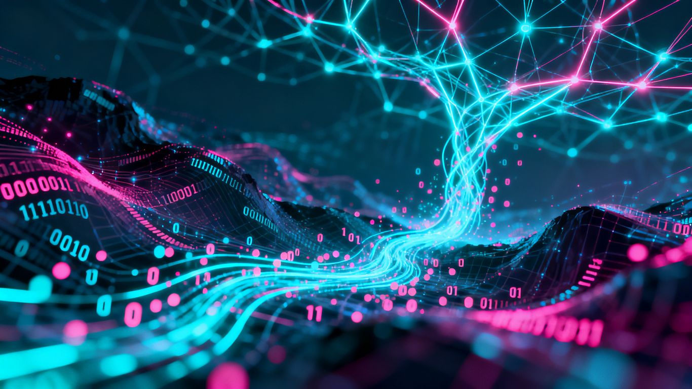 AI processing digital information, abstract visualization.