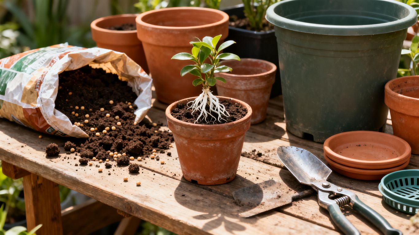 Verschiedene Pflanzentöpfe mit lockerer Blumenerde