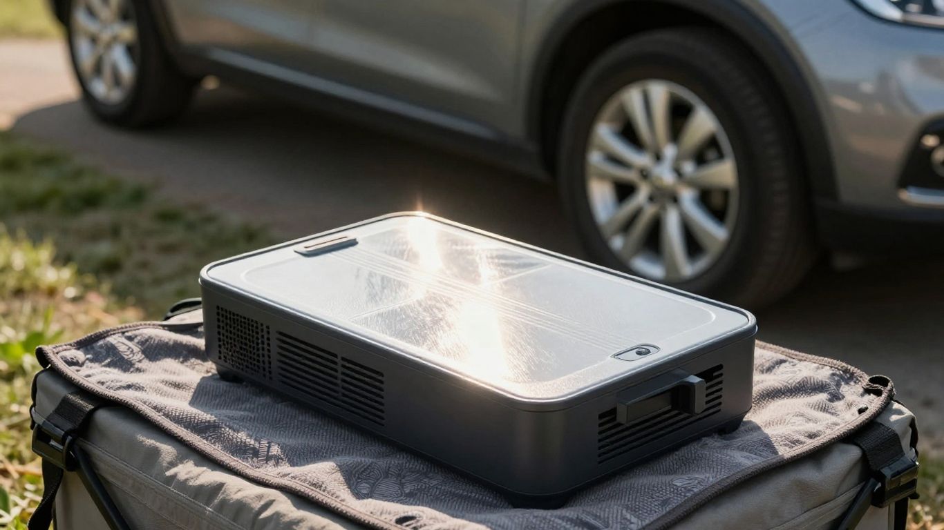 Portable electric cooler outdoors with car nearby.