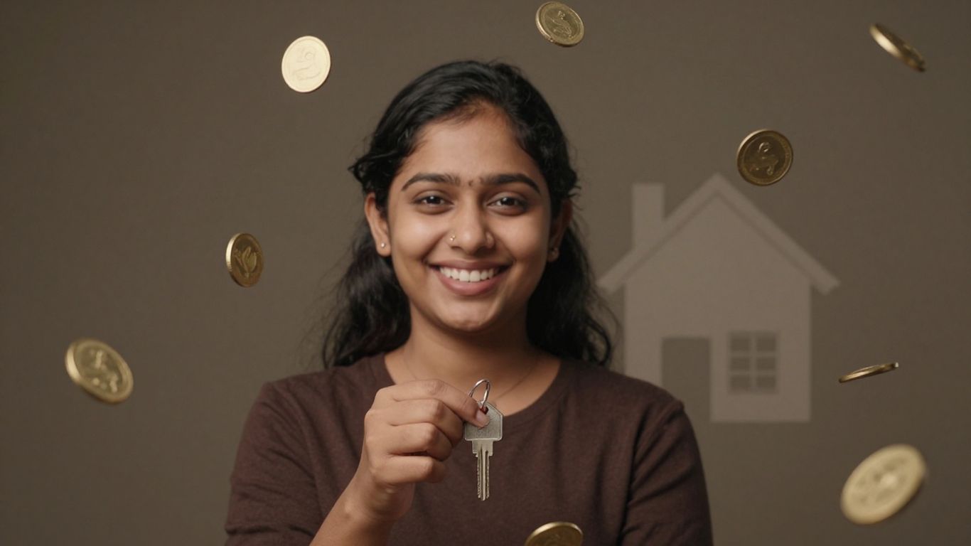 Llave de casa con monedas flotando alrededor.