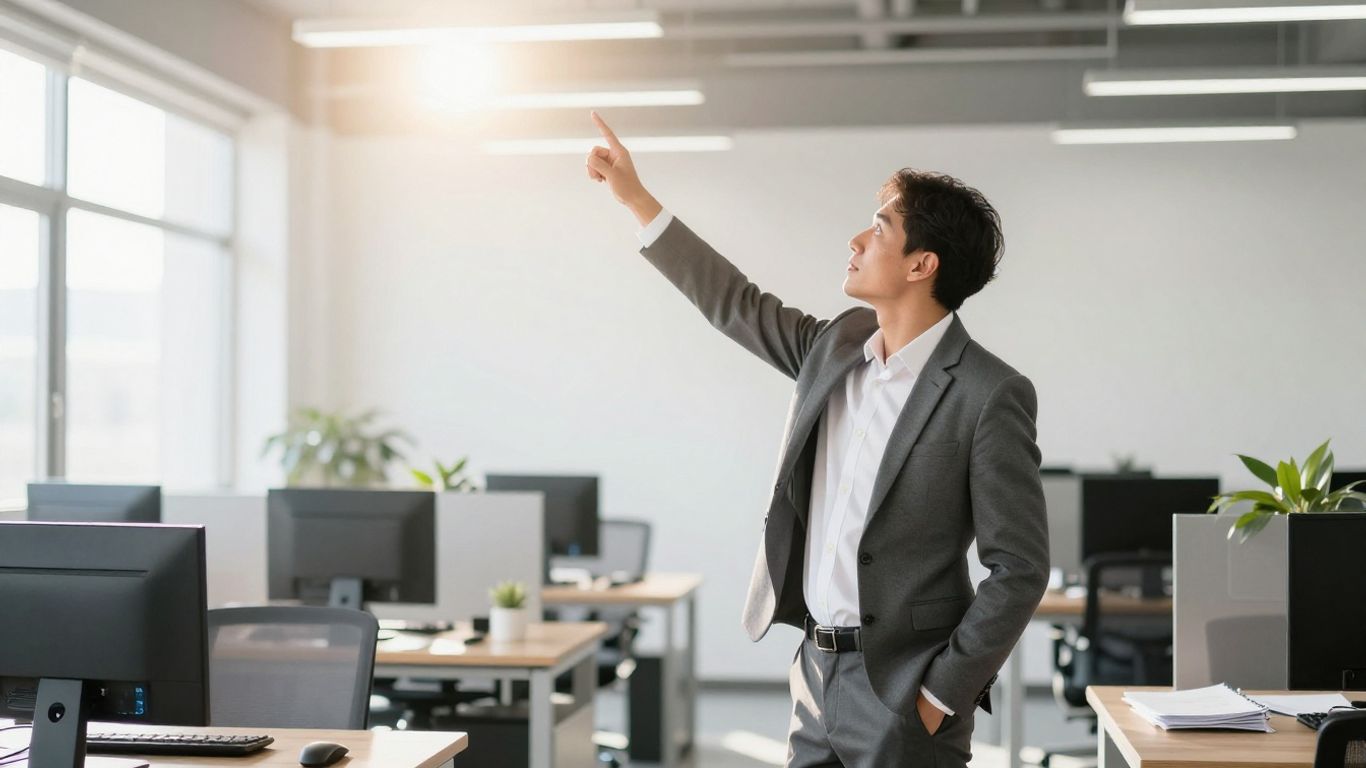 Business professional pointing towards growth path.