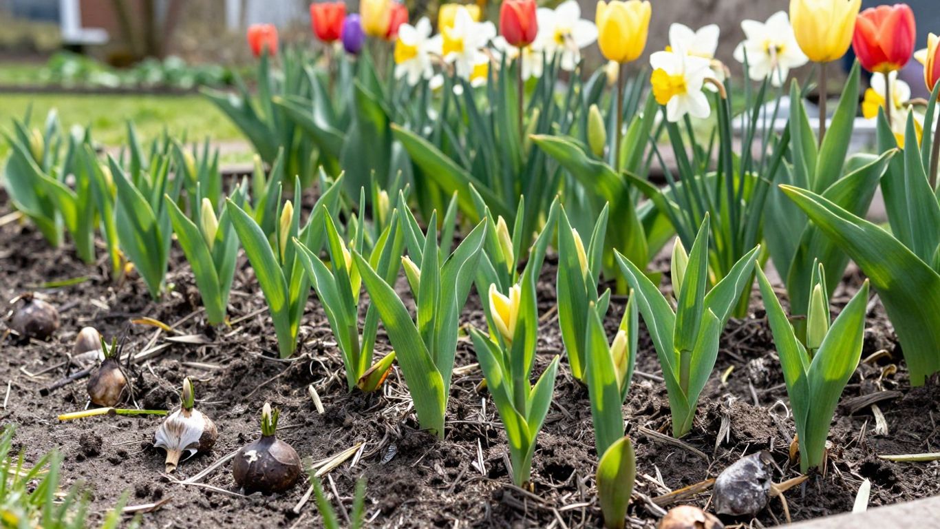 Frühlingsgarten mit neuen Trieben und Zwiebelblumen.