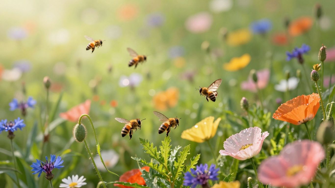 Frühlingsgarten mit Blumen, Insekten und Bienen
