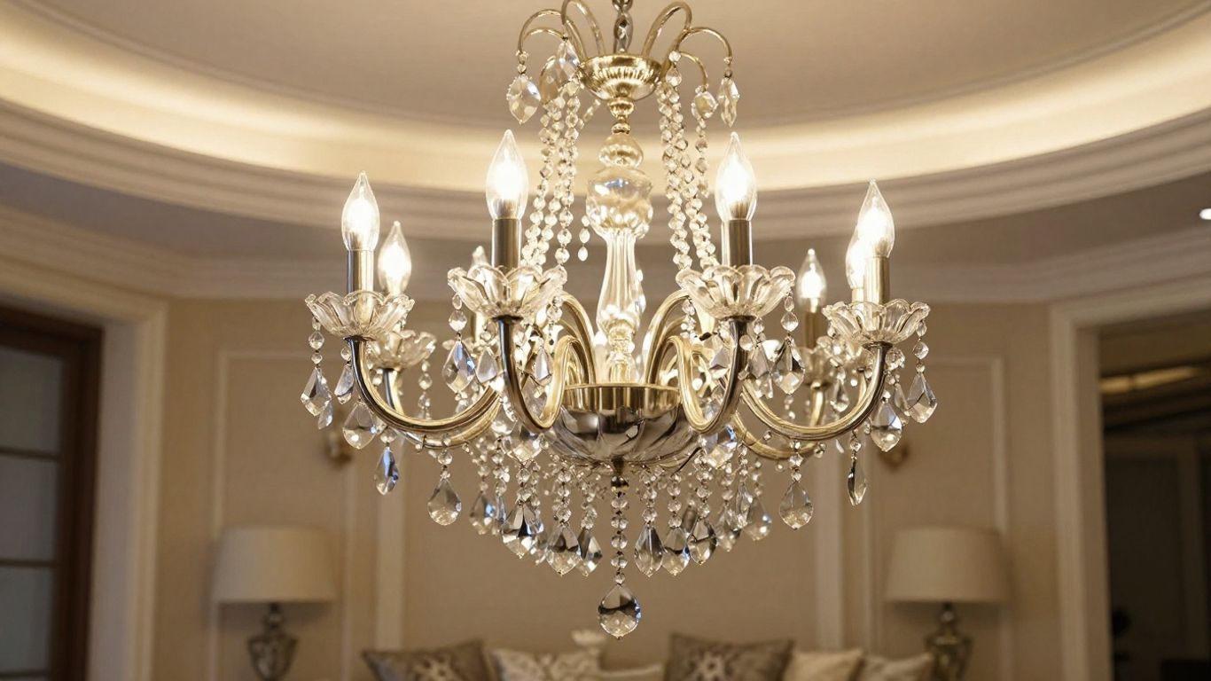 Elegant BHS chandelier in a luxurious living room.