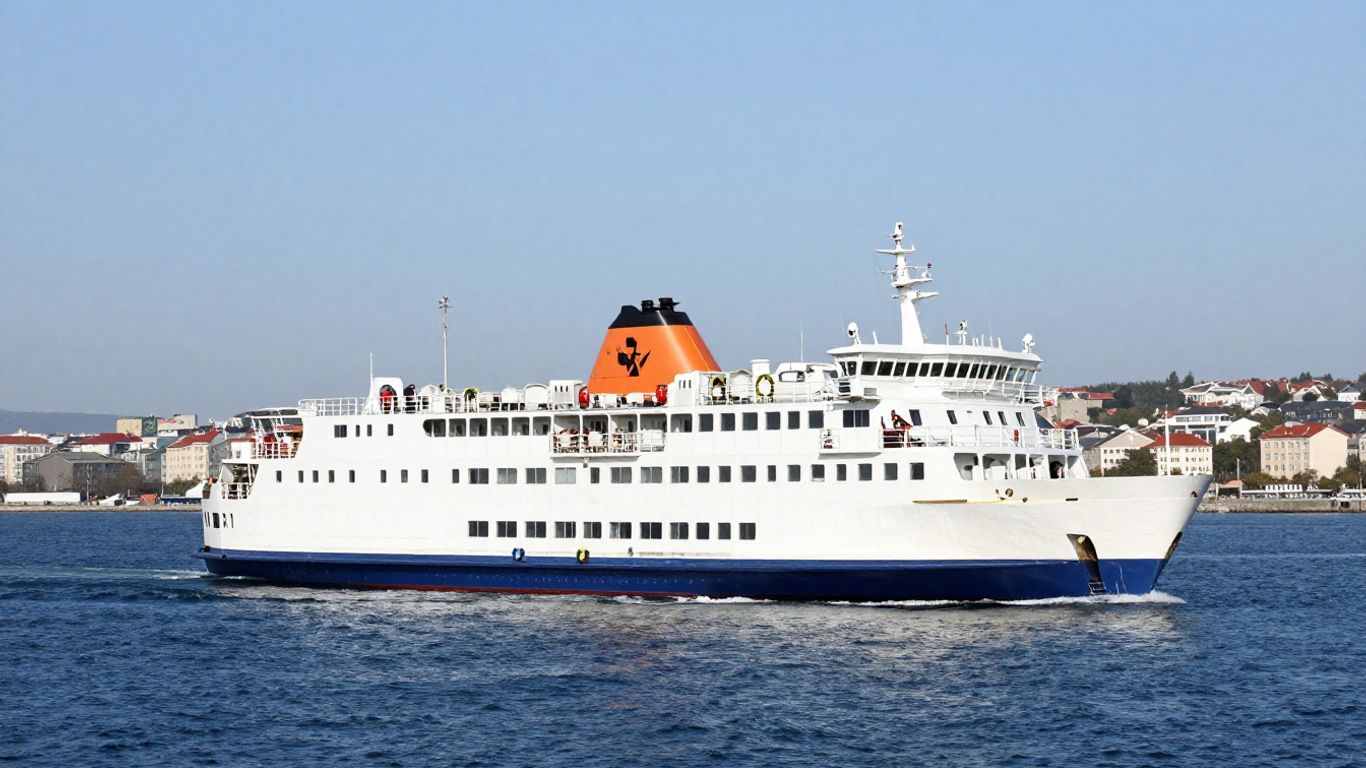 Ferry sailing across the sea towards a distant coastline.