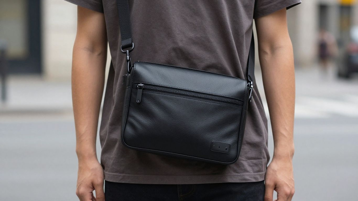 Homme portant un sac bandoulière en cuir noir.