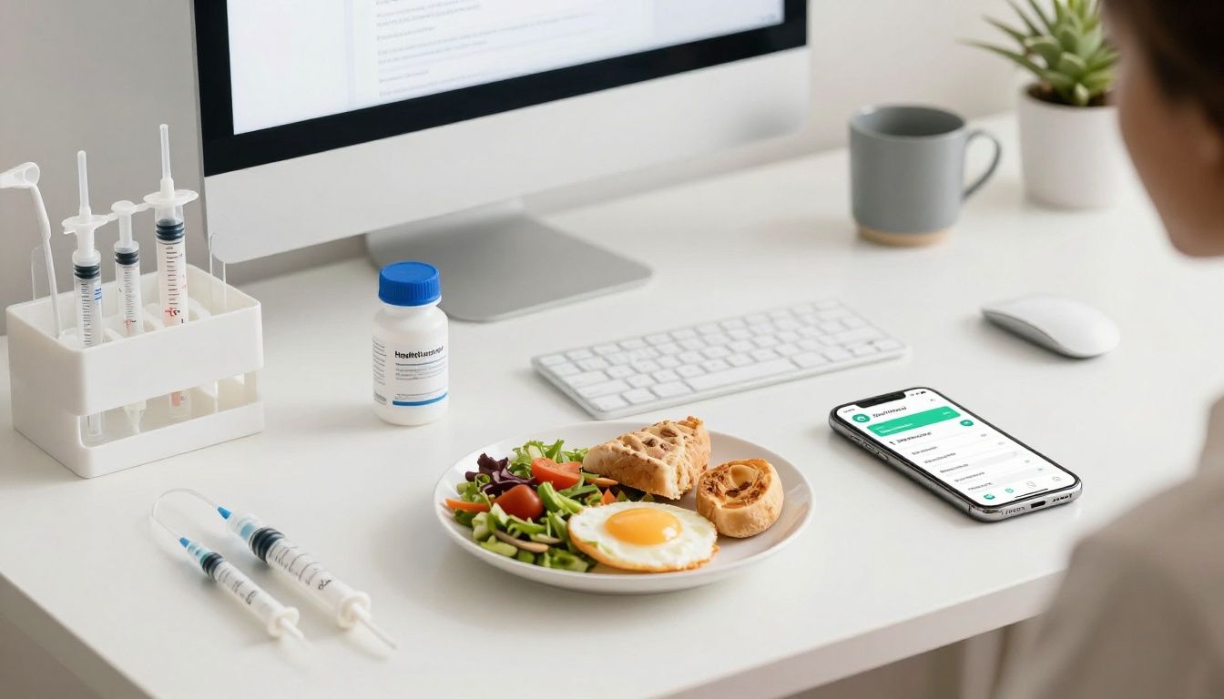 A clean, modern workspace featuring a high-quality, organized health-tech setup with injection supplies nicely arranged on a desk, a healthy breakfast, and a smartphone displaying a clean health tracking interface, warm natural light, representing professional and diverse individuals committed to health optimization.
