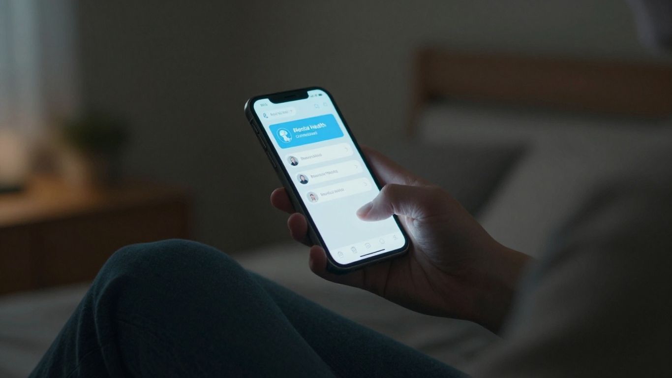 An adult sitting in a dimly lit room, holding a glowing smartphone with an open mental health conversational interface, expressing relief.